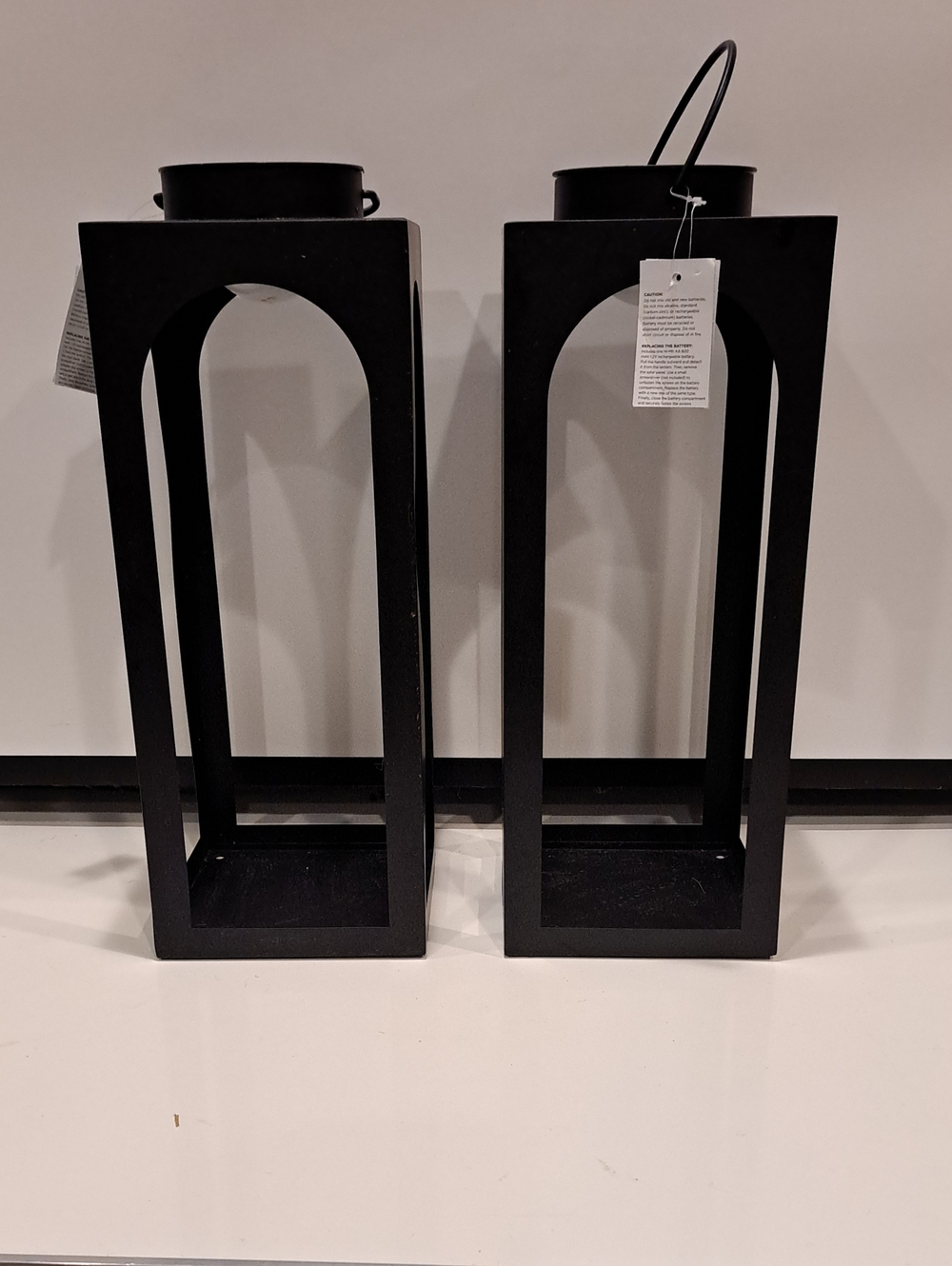 NWT 2 Tall Modern Matte Black Metal Solar Lanterns/Pillar Candle Holders